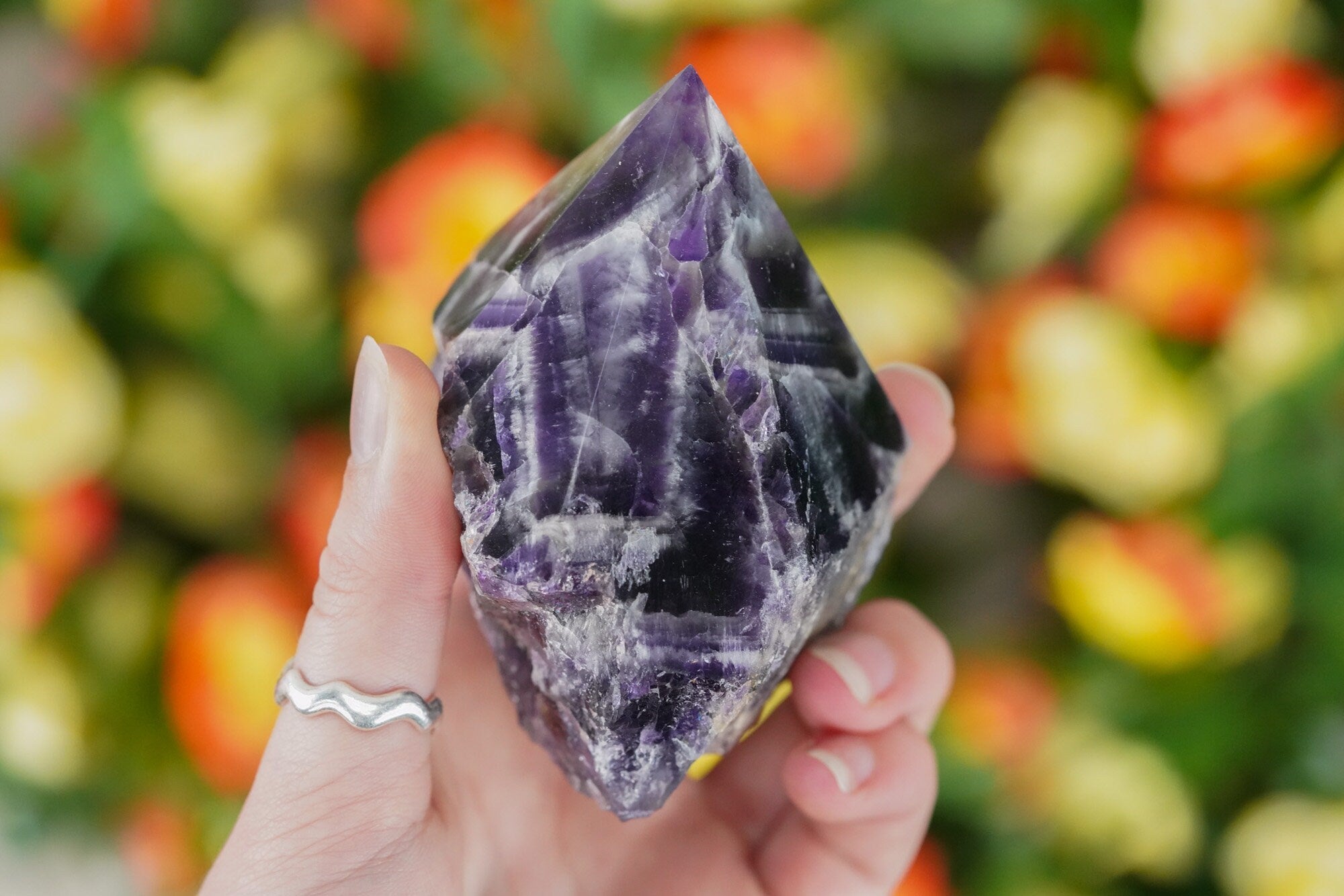 Large Raw Chevron Amethyst Polished Crystal Point