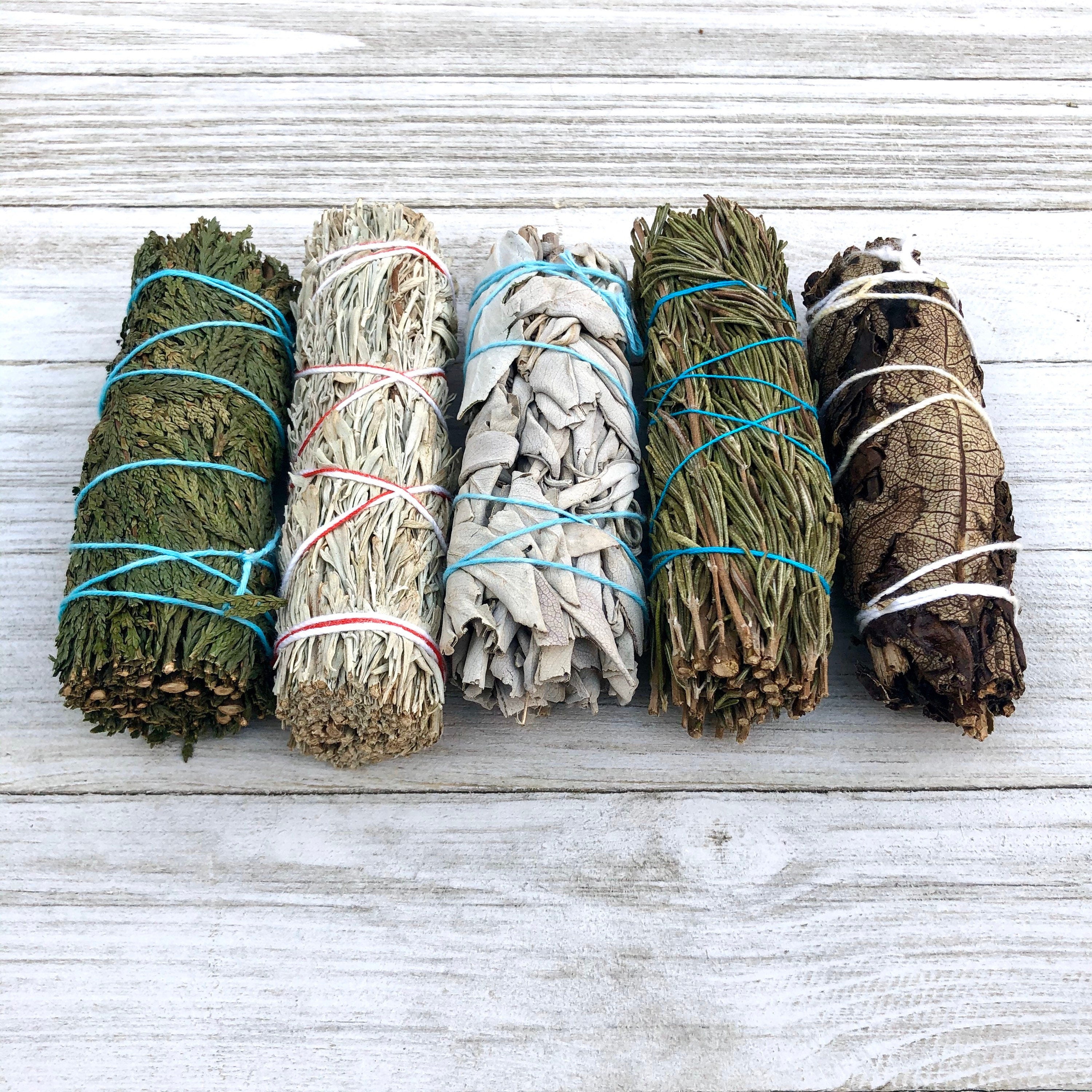 Smudge Stick Bundle + Free Palo Santo Wood (White Sage, Blue Sage, Cedar, Yerba, Rosemary)