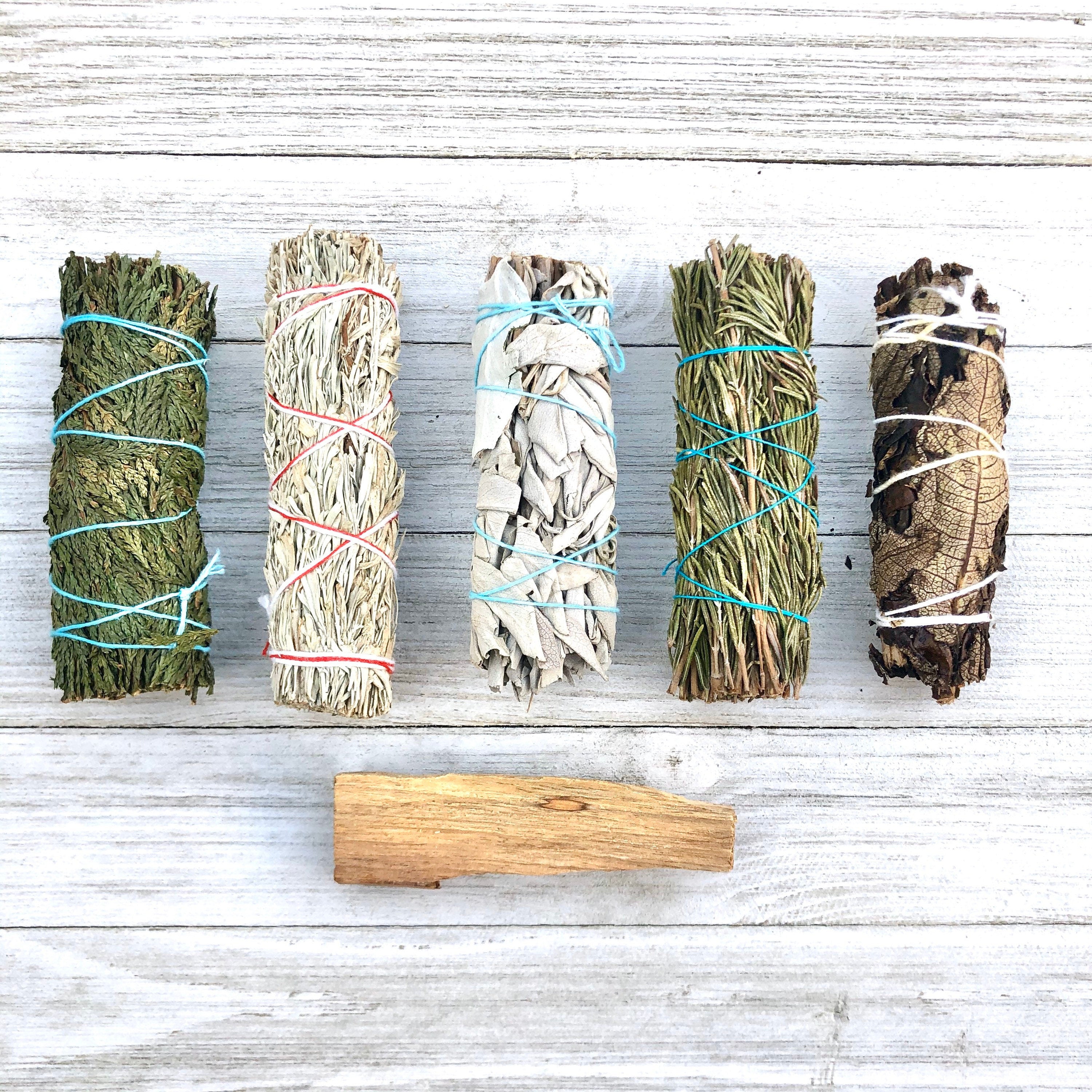 Smudge Stick Bundle + Free Palo Santo Wood (White Sage, Blue Sage, Cedar, Yerba, Rosemary)