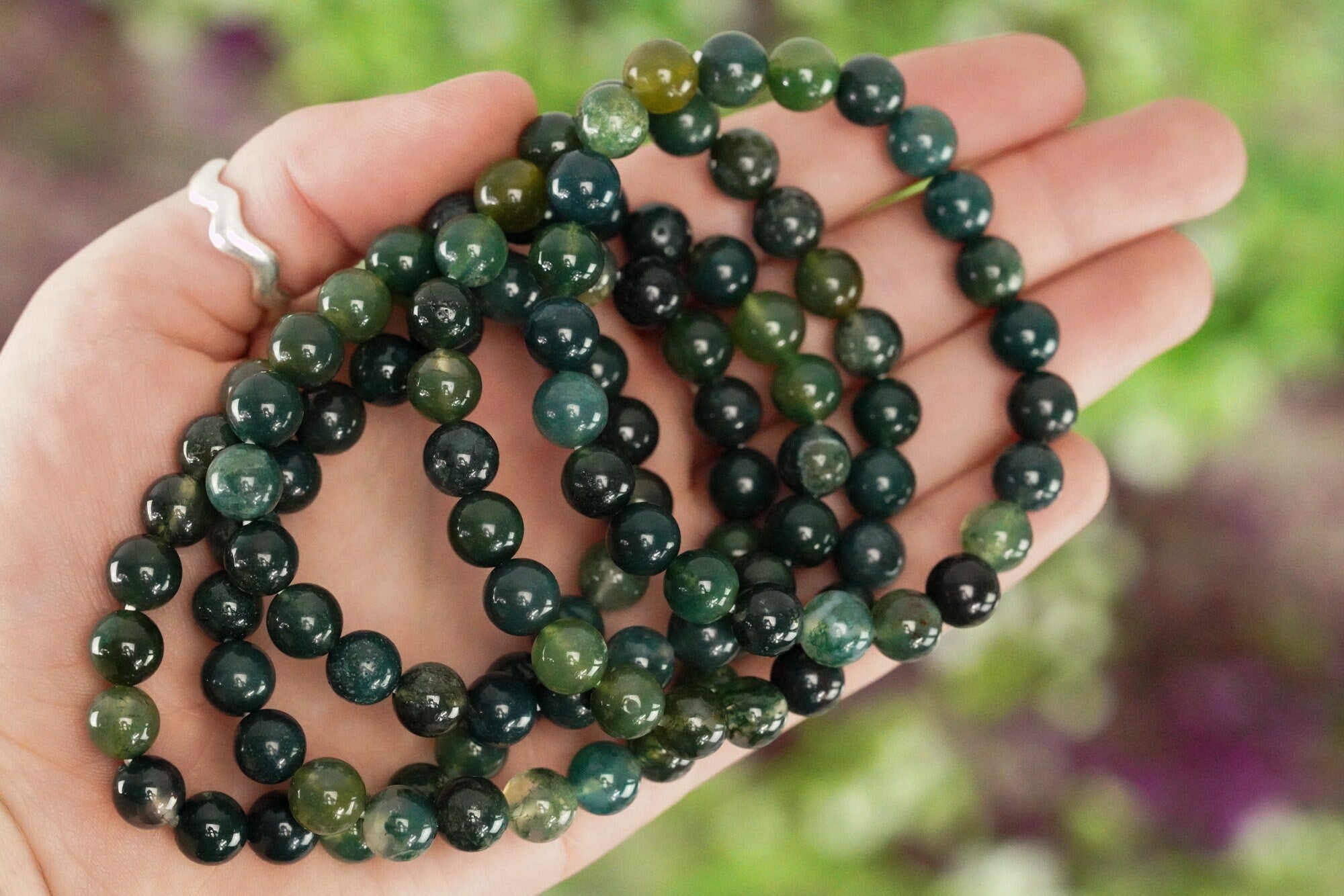 Moss Agate Bracelet 8mm Round Beads