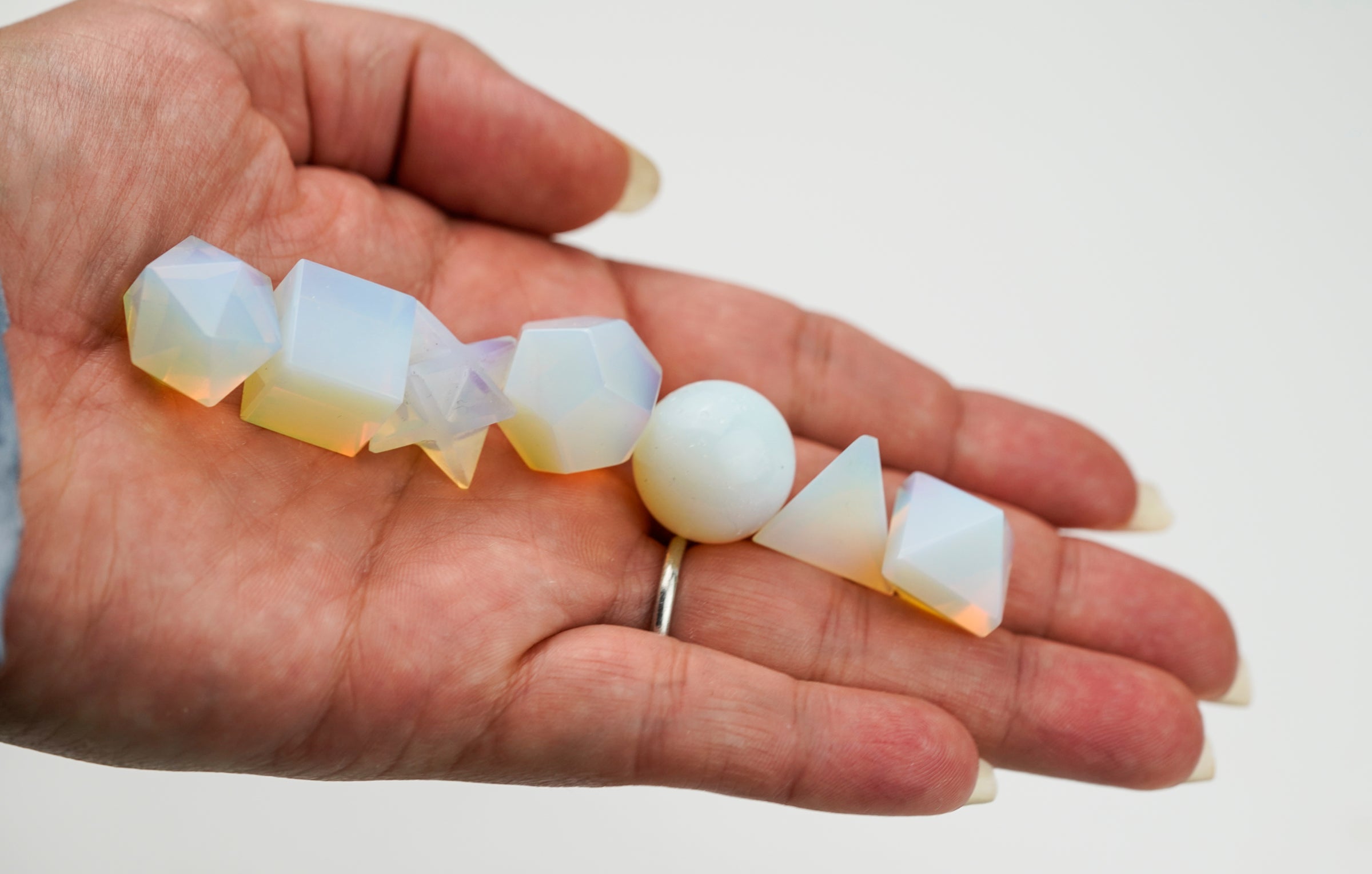 7 pcs Opalite Platonic Solids Set Includes Crystal Merkaba & Sphere
