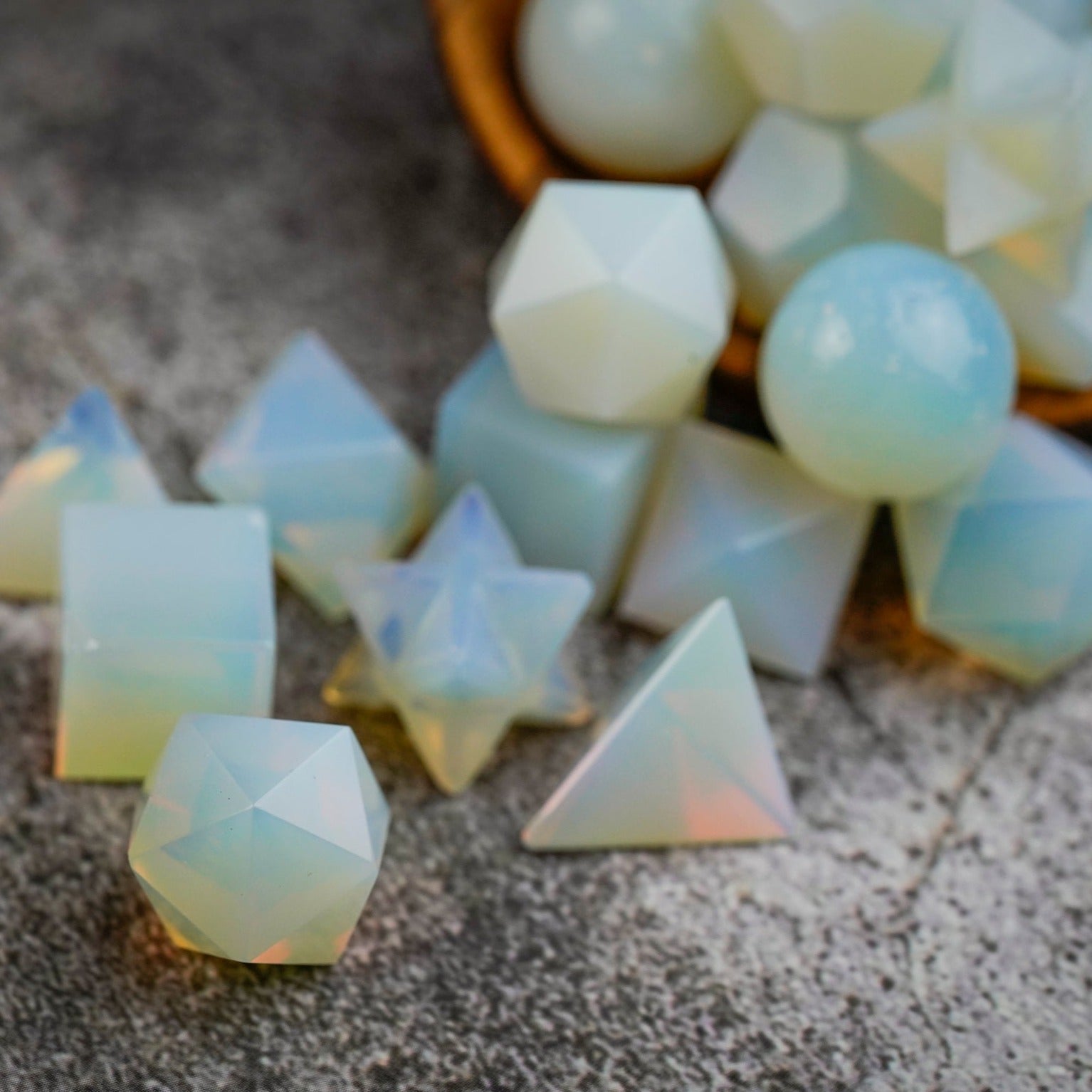 7 pcs Opalite Platonic Solids Set Includes Crystal Merkaba & Sphere