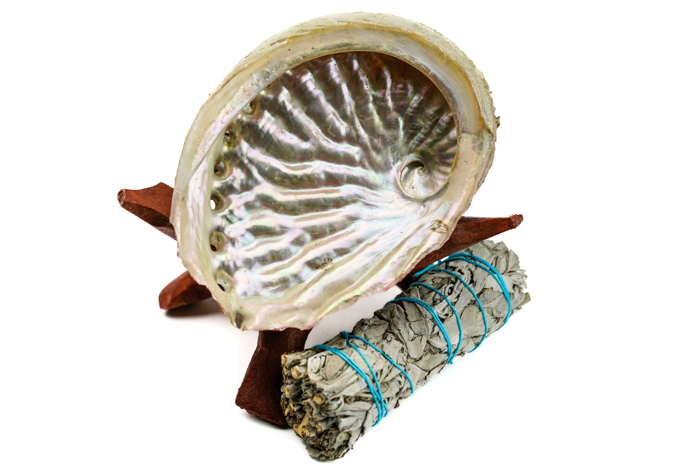 Smudge Kit - Includes: Large Abalone Shell, White Sage Stick, 7in Wood Tripod