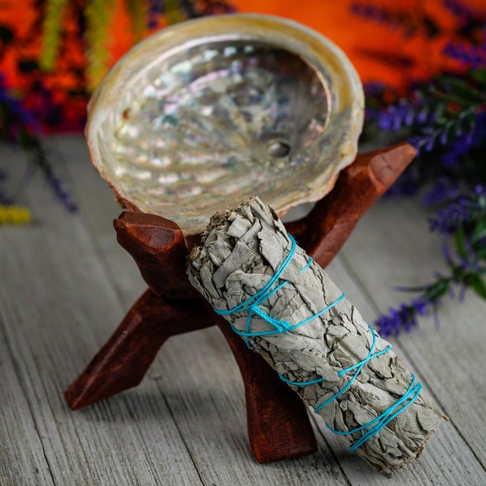 Smudge Kit - Includes: Large Abalone Shell, White Sage Stick, 7in Wood Tripod