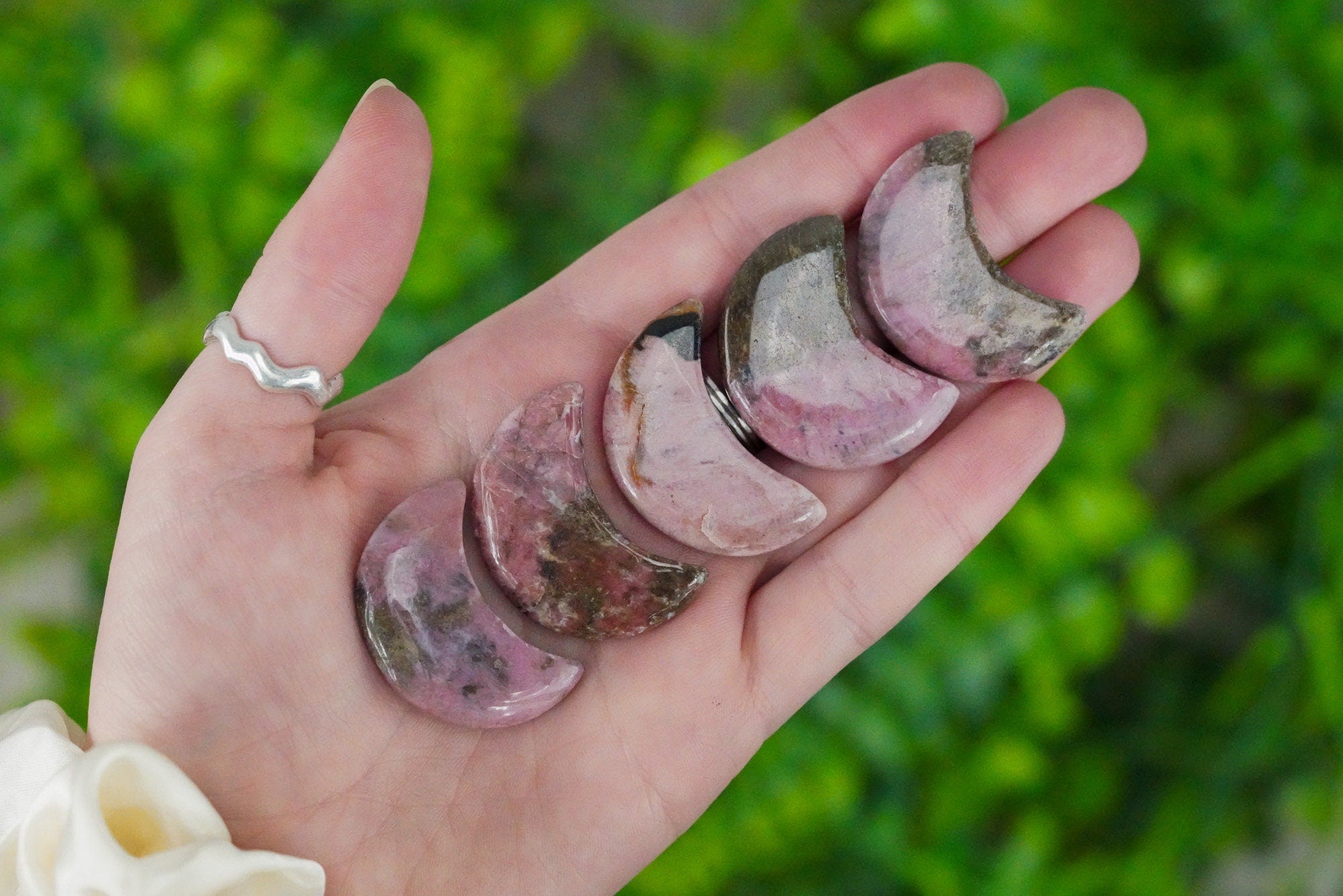 Pink Rhodonite Crystal Crescent Moon