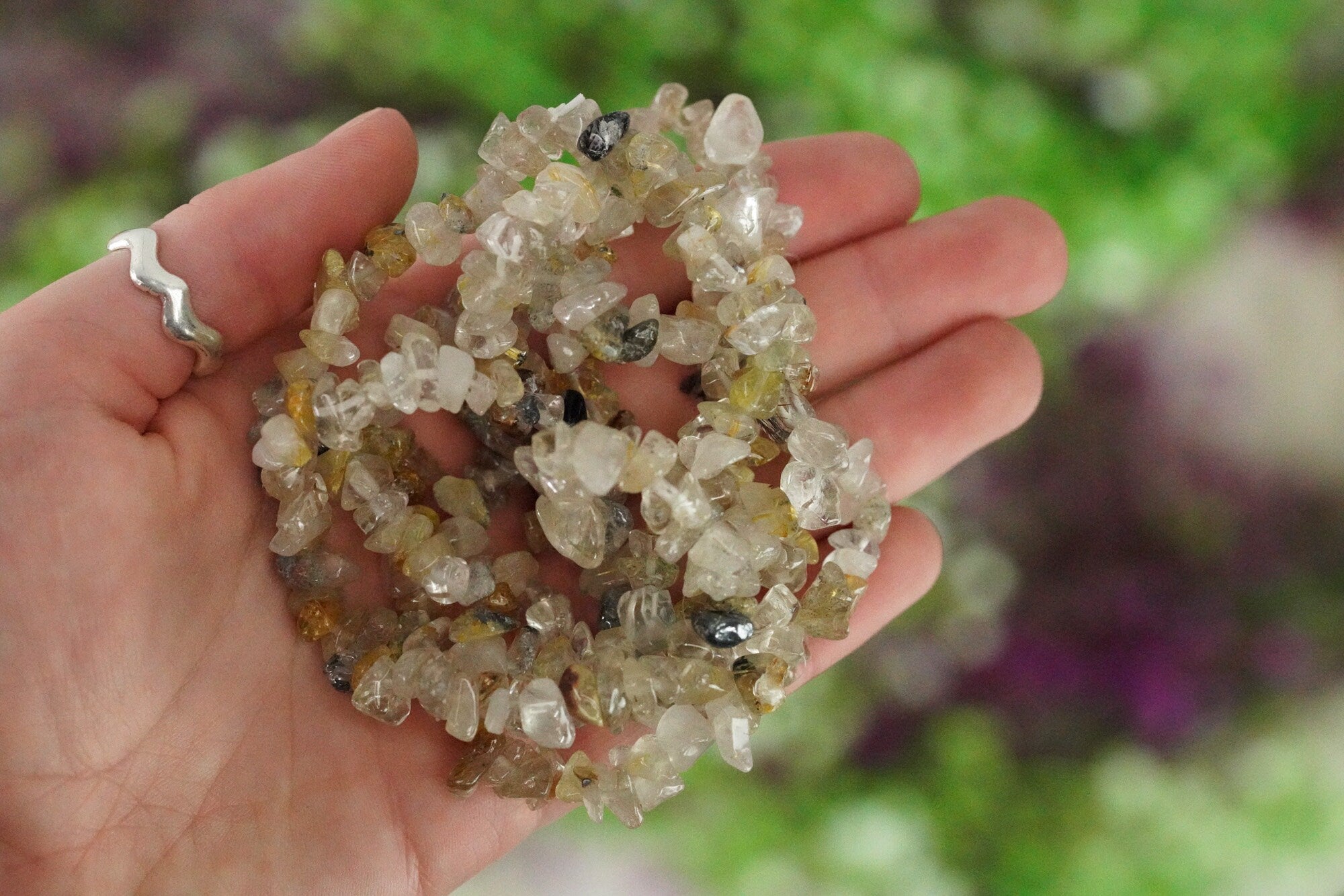 Rutilated Quartz Tumbled Stone Crystal Chip Bracelet