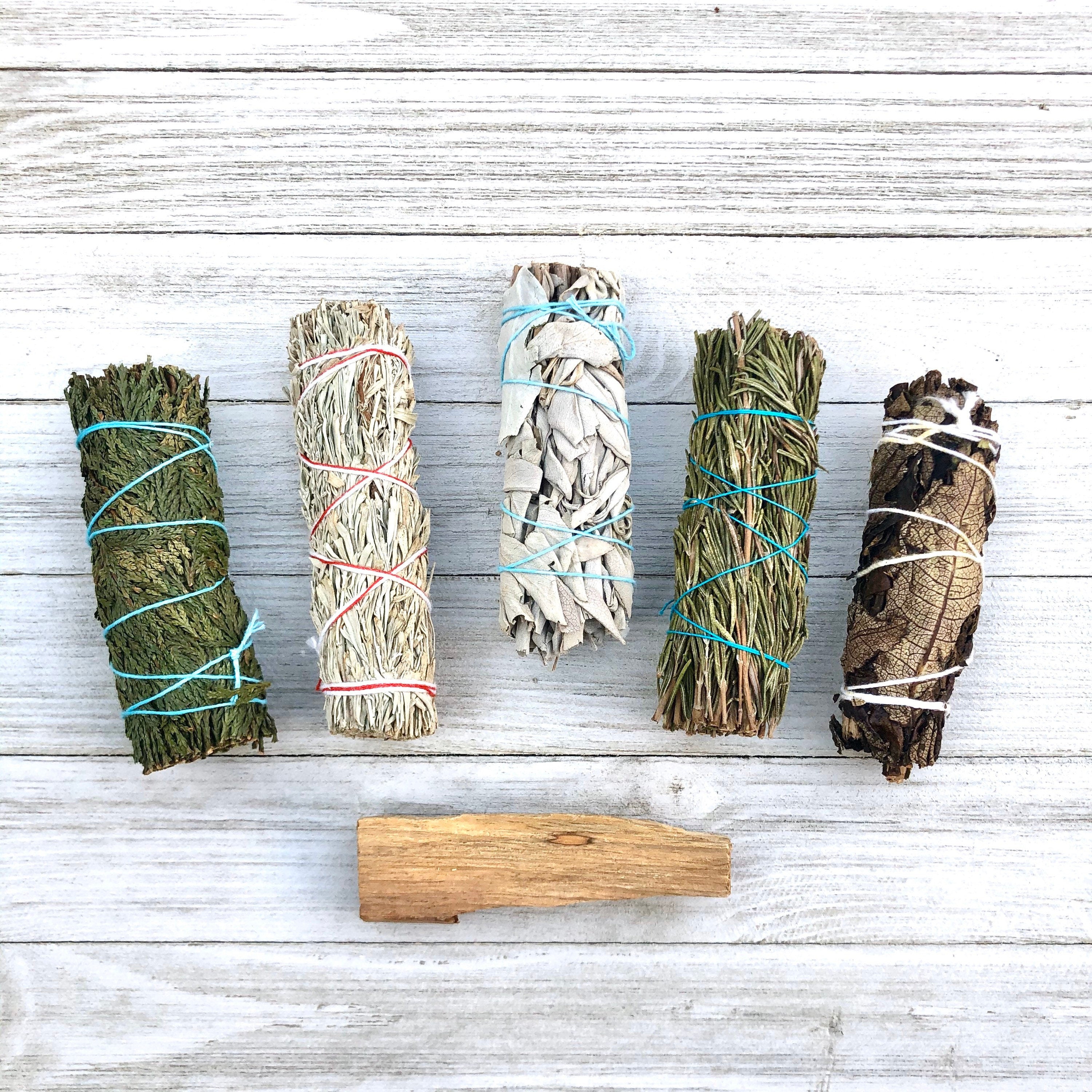 Smudge Stick Bundle + Free Palo Santo Wood (White Sage, Blue Sage, Cedar, Yerba, Rosemary)