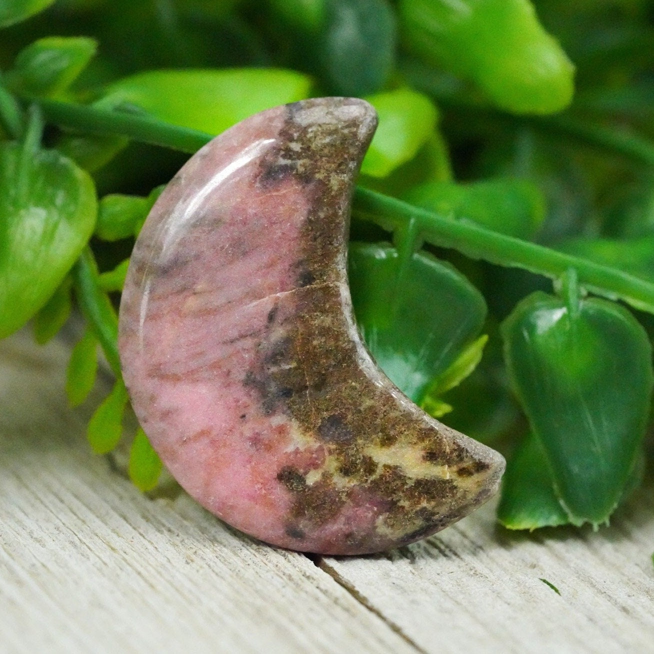 Pink Rhodonite Crystal Crescent Moon