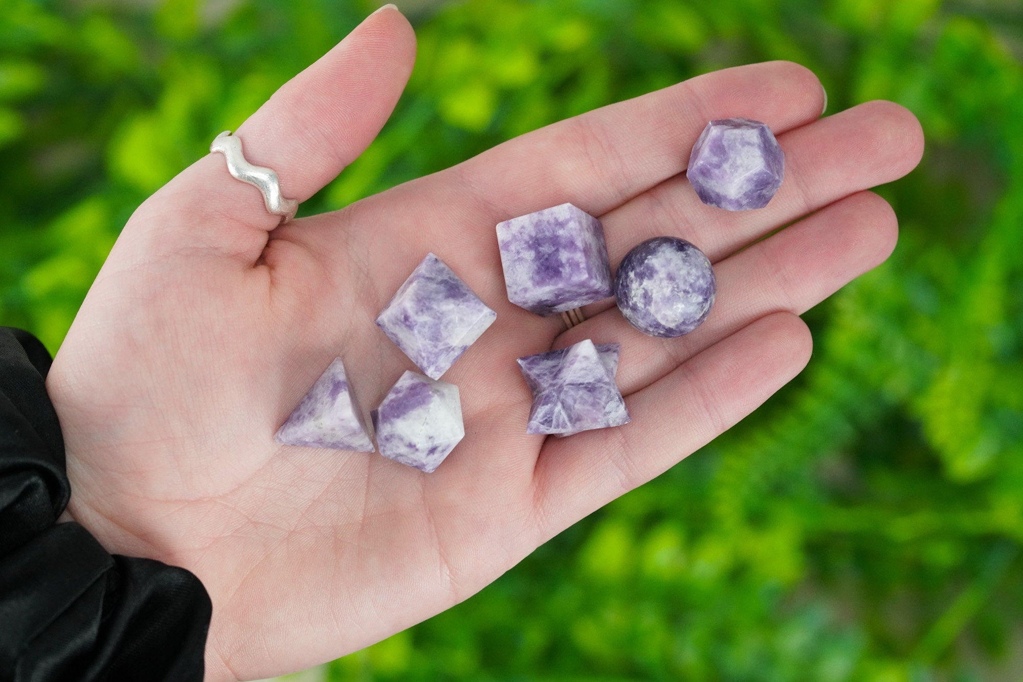 Lepidolite crystal sacred platonic geometry set