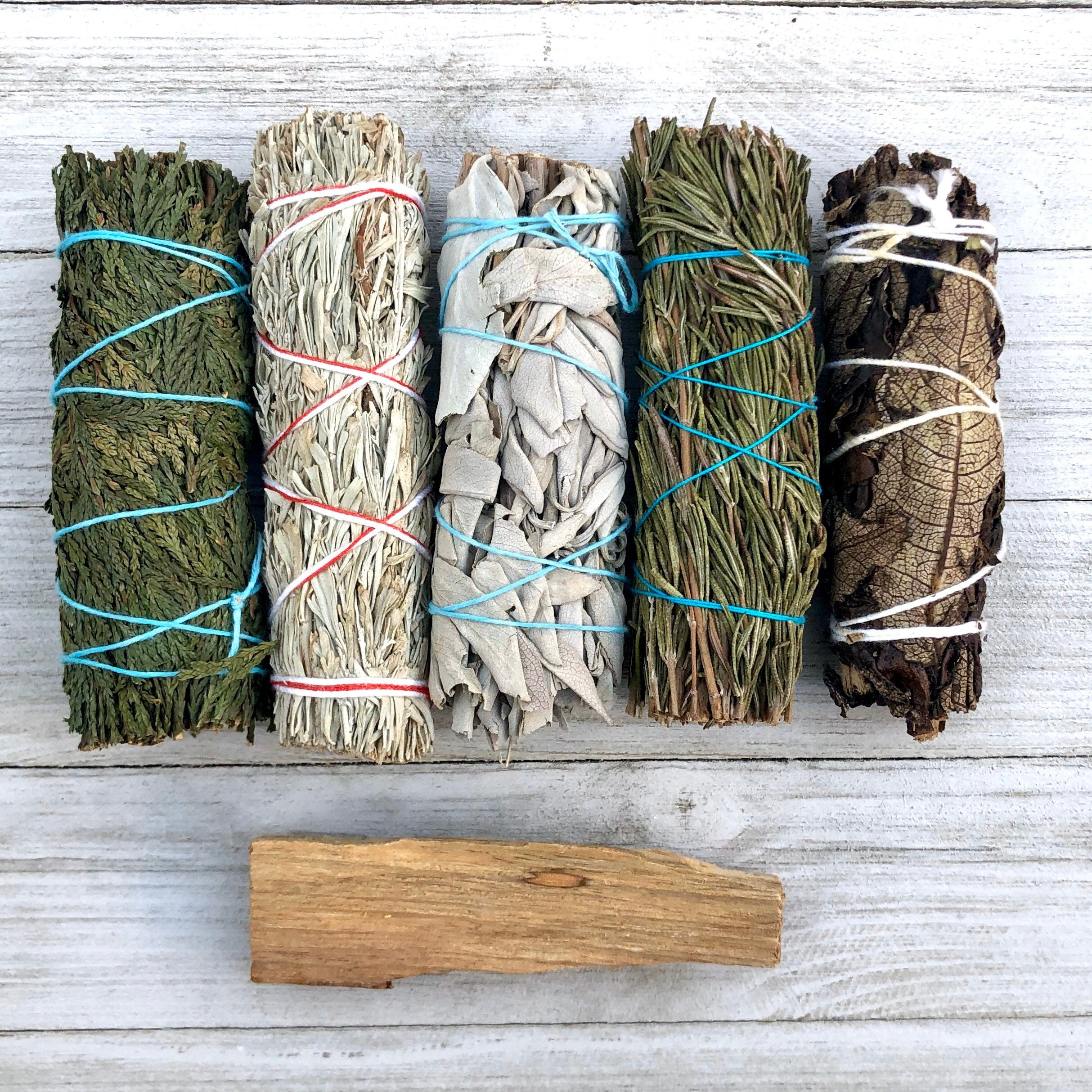 Smudge Stick Bundle + Free Palo Santo Wood (White Sage, Blue Sage, Cedar, Yerba, Rosemary)