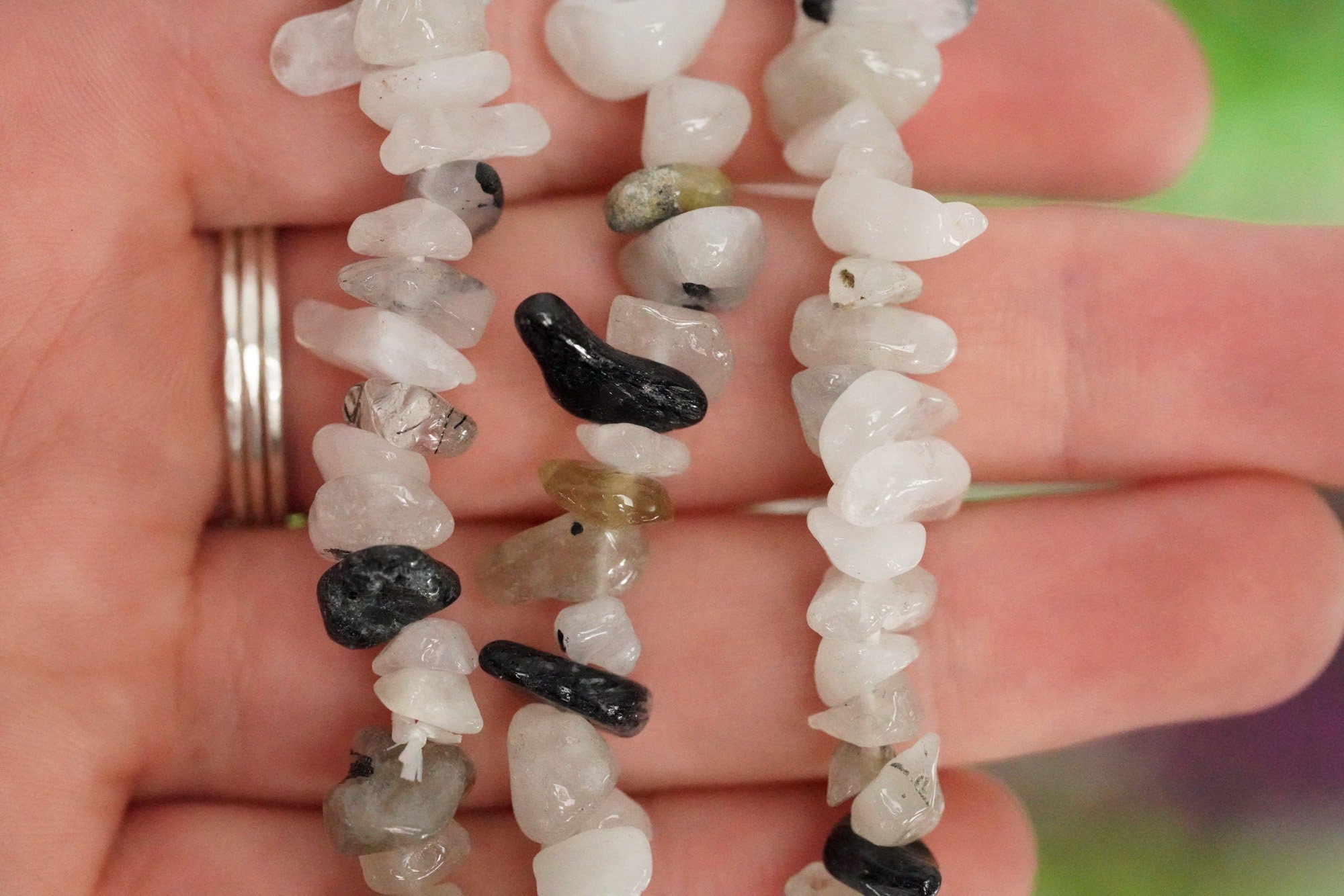 Tourmalinated Quartz Tumbled Stone Crystal Chip Bracelet