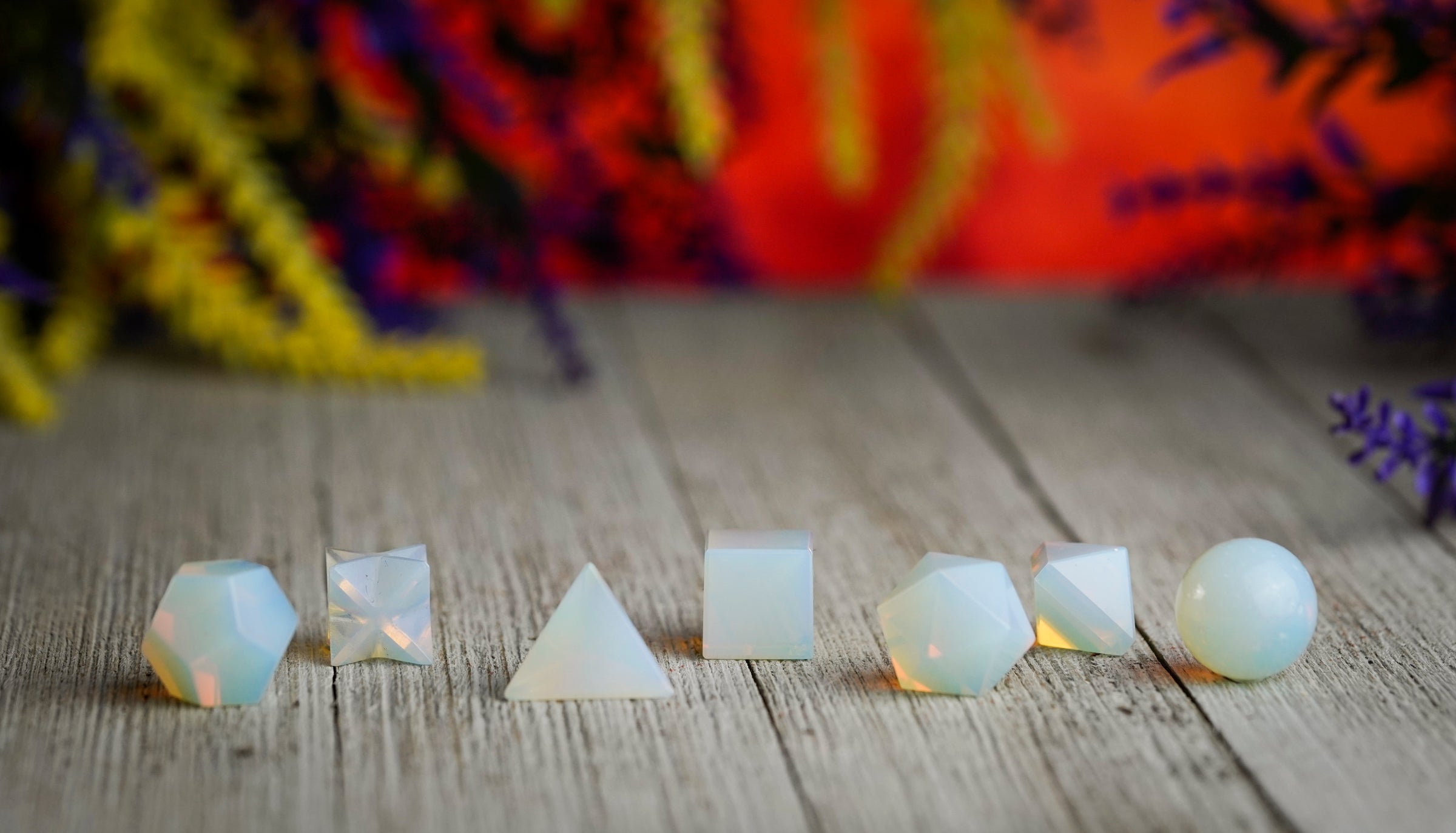 7 pcs Opalite Platonic Solids Set Includes Crystal Merkaba & Sphere