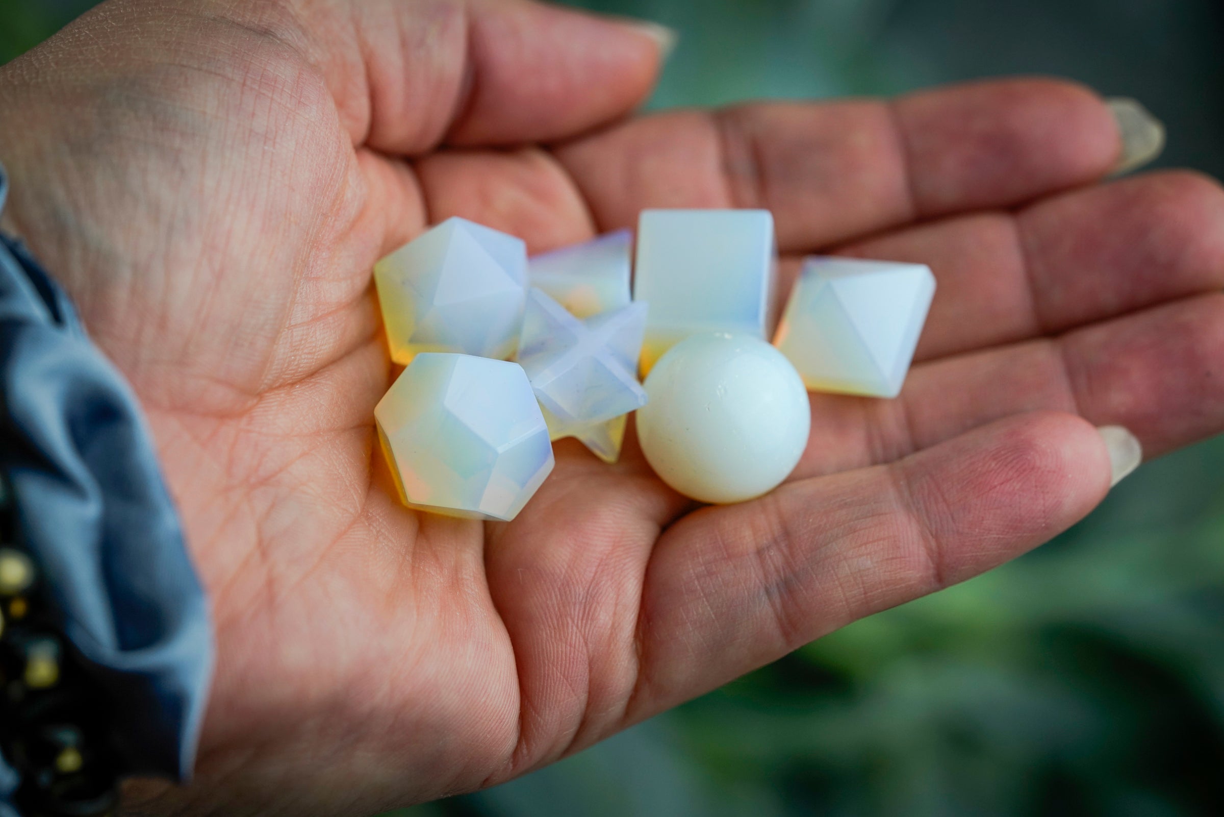 7 pcs Opalite Platonic Solids Set Includes Crystal Merkaba & Sphere