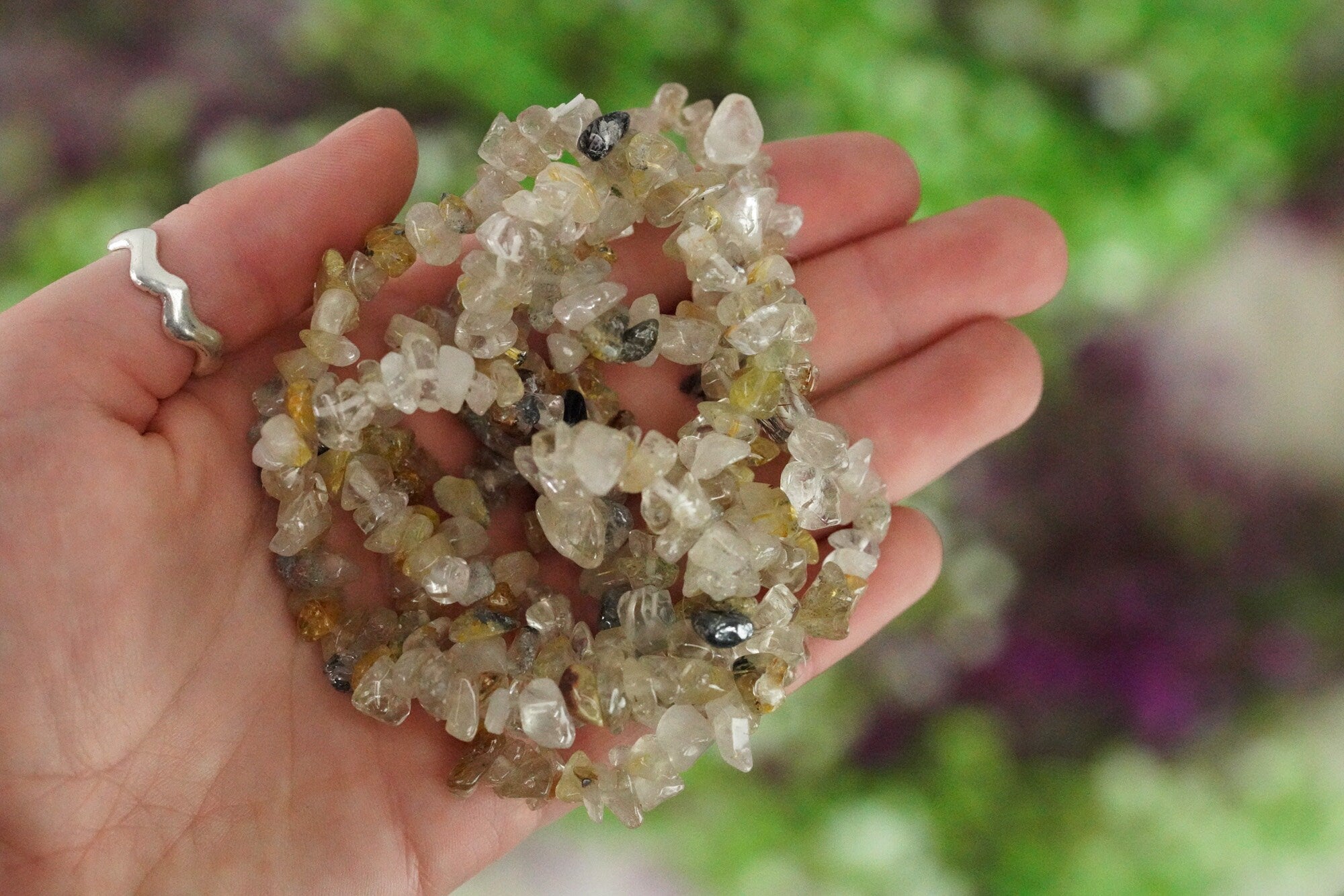 Rutilated Quartz Tumbled Stone Crystal Chip Bracelet