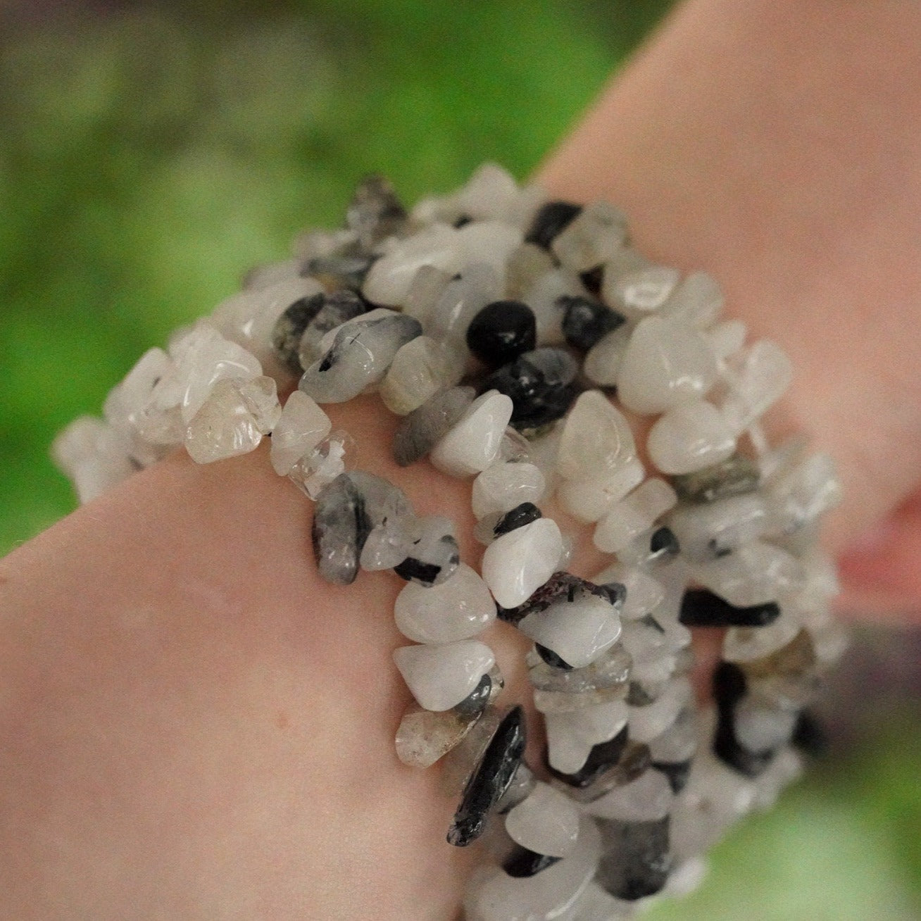 Tourmalinated Quartz Tumbled Stone Crystal Chip Bracelet